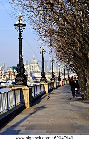 View of St. Paul's Cathedral from South Bank of Thames river in London