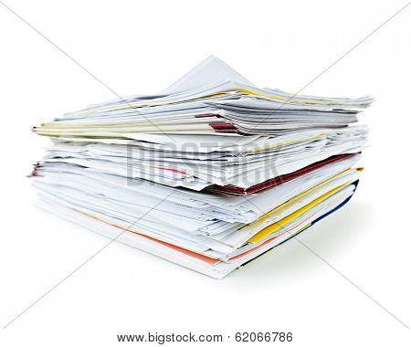 Stack of file folders with papers on white background