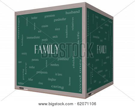 Family Word Cloud Concept On A 3D Cube Blackboard