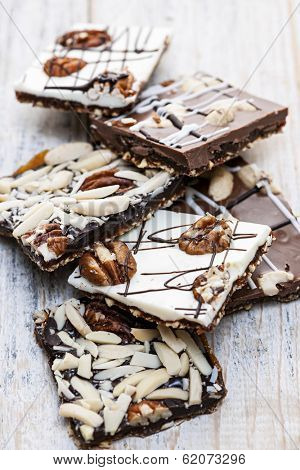 Assorted chocolate caramel bark pieces for sweet dessert
