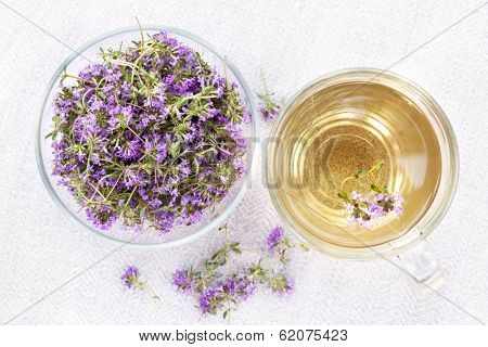 Bowl of fresh thyme sprigs with herbal tea in cup from above