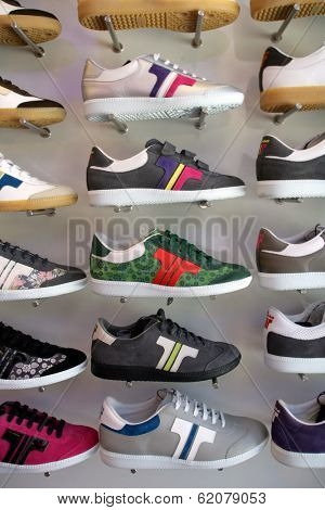 BUDAPEST, HUNGARY - JULY 18: Tisza sport shoes on display  in Budapest, Hungary, on Monday,  July 18, 2011. Tisza is a leading brand of retro designed footwear in Central Europe.