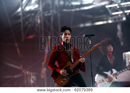 BUDAPEST, HUNGARY - AUG 9: The rock/ pop/ funk musician Prince in concert at the annual Sziget Festival in Budapest, Hungary, on Tuesday, August 9, 2011.