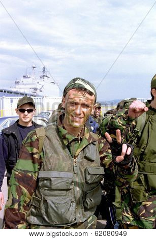 DURRES, ALBANIA - APRIL 22: Fresh Kosovo Liberation Army (KLA) recruits arrive at the Albanian port of Durres from southeastern England on April 22, 1999 in Durres, Albania