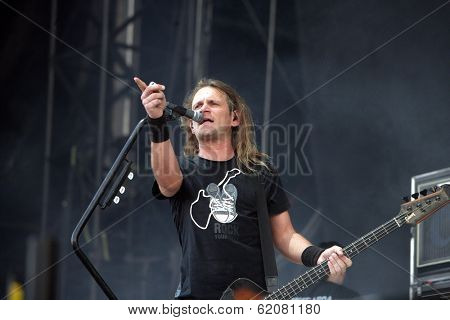 BUDAPEST, HUNGARY - AUG 14: Hungarian heavy metal band Tankcsapda in concert at the annual Sziget music festival  on Saturday, August 14, 2010 in Budapest, Hungary
