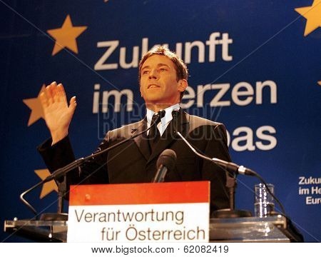 VIENNA, AUSTRIA - FEB 3: Austrian far-right politician Joerg Haider speaks in Vienna, Austria, on Thursday, February 3, 2000. Haider's past admiration for Adolf Hitler drew international criticism. Haider died in 2008.