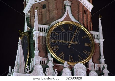 MOSCOW - MARCH 11: The clock of the Spasskiye Tower of the Kremlin on Red Square in Moscow, Russia, on Tuesday, March 11,  2008.