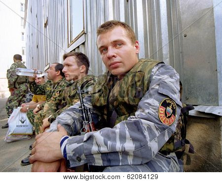 MOSCOW - AUGUST 6:  Russia's elite OMON special police force practice an assault at a training ground in Moscow, Russia, on Sunday,  August 6, 2000.