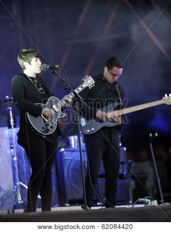 BUDAPEST, HUNGARY, AUGUST 10: The British indie pop band XX play live in concert at the annual Sziget Music Festival on August 10, 2012 in Budapest, Germany