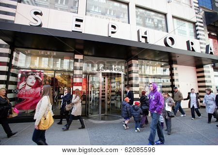 NEW YORK CITY - APRIL 19: People walk past a Sephora cosmetics store in New York City, on Friday, April 19, 2013.