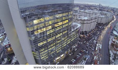 MOSCOW, RUSSIA - DEC 18, 2013: (aerial view) Roof of Business Centre Preo-8 and Preobrajenskaya Square. Height of twenty-eight-storey building Preo-8 is 106 m.