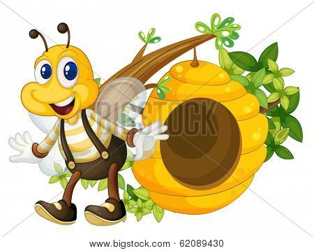 Illustration of a smiling yellow bee near the beehive on a white background