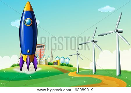 Illustration of a rocket at the hill near the windmills