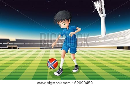 Illustration of a boy at the field using the ball with the flag of Norway
