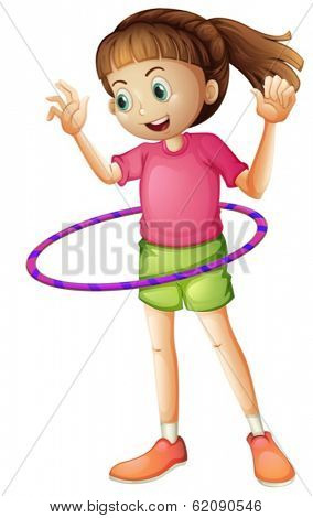 Illustration of a young girl playing hulahoop on a white background