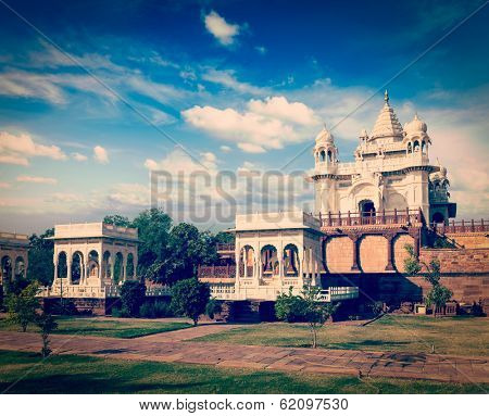 Vintage retro hipster style travel image of Jaswanth Thada mausoleum, Jodhpur, Rajasthan, India