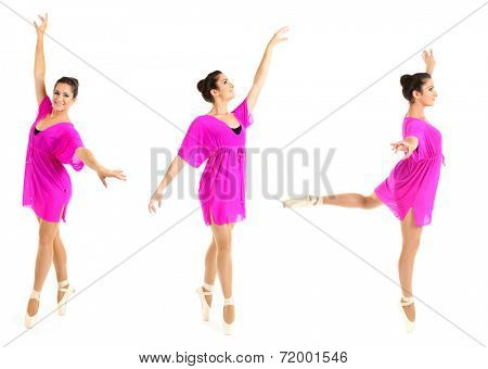 Beautiful young ballerina in pink dress isolated on white