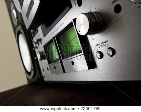 Analog Stereo Open Reel Tape Deck Recorder VU Meter Device Closeup