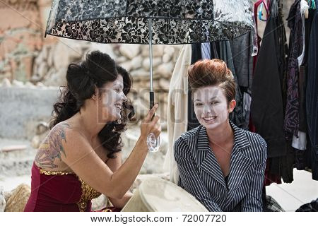 Cute Clowns Backstage With Umbrella