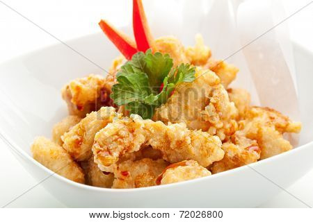 Japanese Cuisine - Tempura Chicken with Parsley. Garnished with Paper