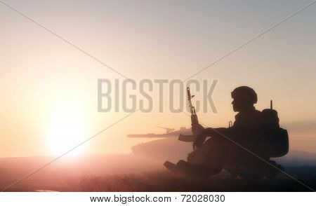 Silhouette of a soldier against the sun.