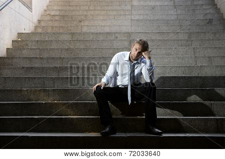 Businessman Crying Lost In Depression Sitting On Street Concrete Stairs