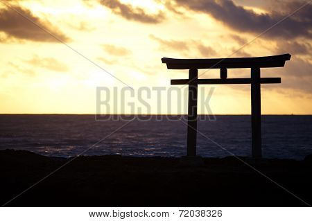 landscape of traditional Japanese gate and sea