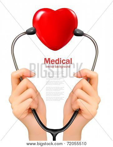 Medical background with hands holding a stethoscope with red heart. Vector.