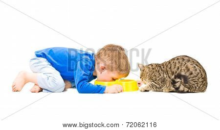 Boy and cat eating together