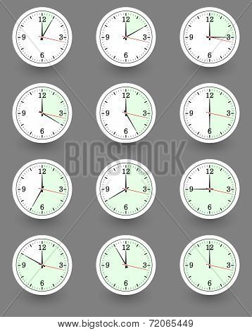 Twelve clocks showing different time. Vector