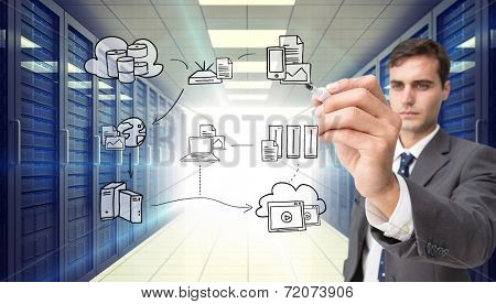 Concentrated businessman holding red marker against digitally generated server room with towers