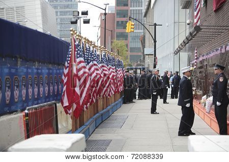 US flags & FDNY memorial wall