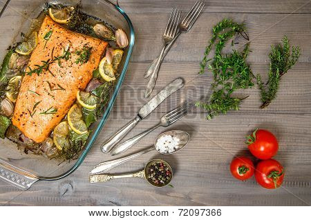 Grilled Salmon Fish With Fresh Herbs And Spices