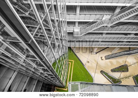the steel construction of a parking garage
