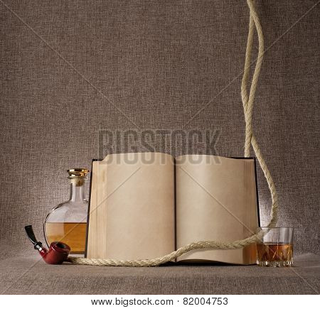 Vintage Book, Whiskey And Tobacco Pipe