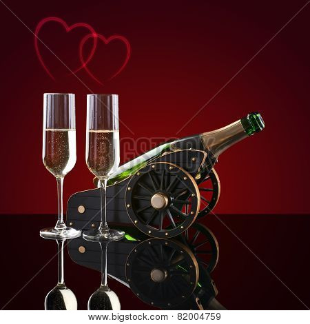 Bottle Of Champagne, Two Glasses And Hearts