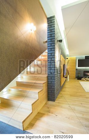 Wooden Staricase Inside Designed Apartment