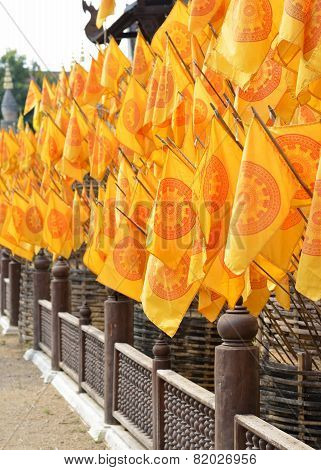 Flag Of Dharmacakra, Symbol Of Buddhism In Thai Temple, Thailand