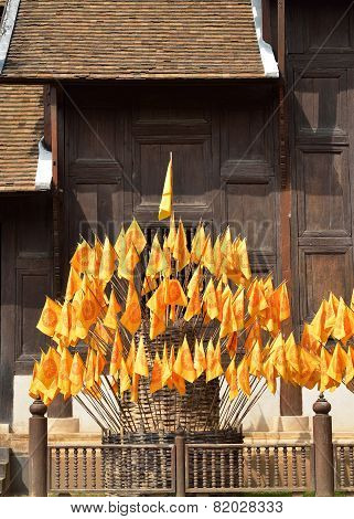 Flag Of Dharmacakra, Symbol Of Buddhism In Thai Temple, Thailand