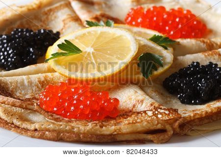 Thin Pancakes With Red And Black Caviar Macro Horizontal