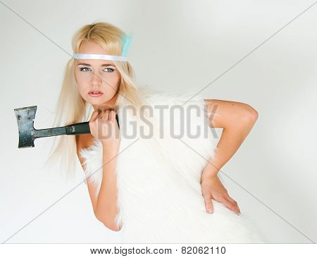 The Girl In A Fur Cape With An Axe