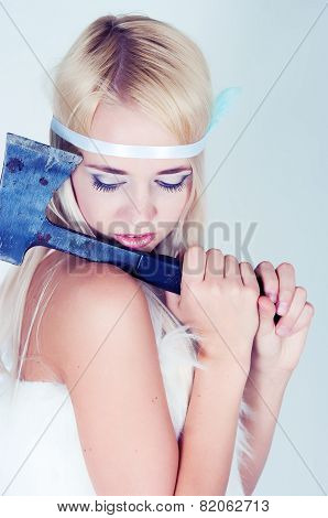 The Girl In A Fur Cape With An Axe