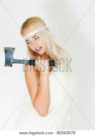 The Girl In A Fur Cape With An Axe