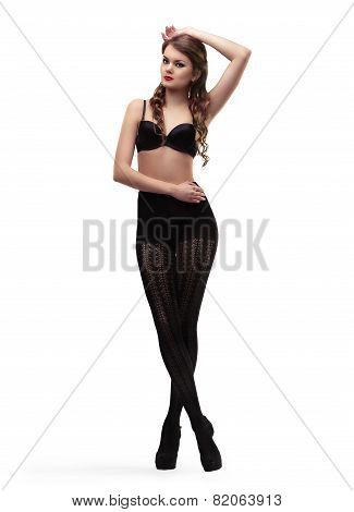 Sexy girl in black pantyhose and bra