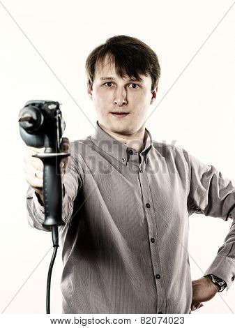 Young Man With Electric Drilling Machine Isolated On White
