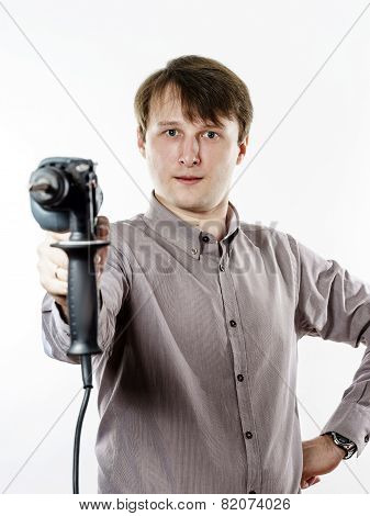 Young Man With Electric Drilling Machine Isolated On White