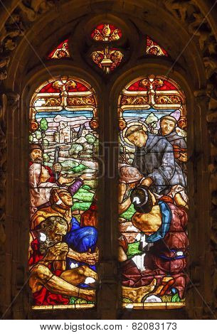 Spanish Preist Feeding Peasants Stained Glass Salamanca New Cathedral Spain