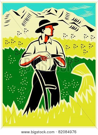 Farmer Standing With Scythe Field Woodcut