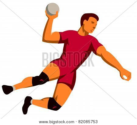 Handball Player Jumping Shooting Retro
