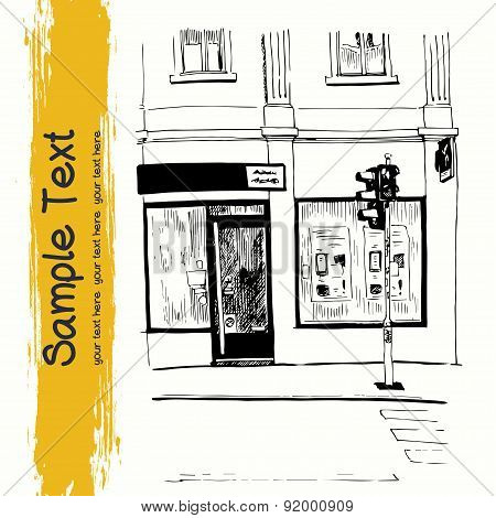 Hand drawn sketch of the shop road and traffic light on the street of european town isolated on white background. Belgrade Serbia.